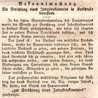 Bekanntmachung über die Errichtung eines "Industriekomtoirs" für den Verkauf von weiblichen Handarbeiten, Karlsruher Zeitung 12. Januar 1835.