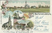 Ansicht von Teutschneureut mit Kirche, Pfarrhaus, Schul- und Rathaus, Lithographie auf Postkarte um 1900, Privatbesitz.