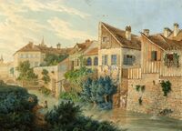 Landgraben und Dörfle-Bebauung in Höhe der späteren Steinstraße, im Hintergrund Rückseite des Hospitals, Aquarell von Heinrich Meichelt, um 1840, Stadtarchiv Karlsruhe 8/PBS XIIIb 54.