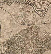 Teutschneureut und Welschneureut auf einer Militärkarte zwischen Mühlburg und Eggenstein oberhalb des sternförmigen Karlsruher Straßennetzes, Gustav Friedrich Riecke 1735 (Ausschnitt, Ansicht von Osten), GLA Karlsruhe S Thomas Kellner K 89 2,2.