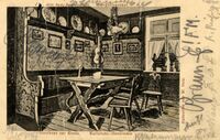 Künstlerkneipe zur Krone, Blick in einen der Gasträume, Postkarte von 1913, Stadtarchiv Karlsruhe 8/Alben 395/571.