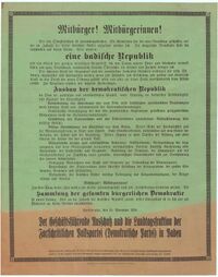 Aufruf des geschäftsführenden Ausschusses sowie der Landtagsfraktion der Fortschrittlichen Volkspartei (Demokratische Partei) in Baden zur Unterstützung der Demokratie, 15. November 1918, Stadtarchiv Karlsruhe 8/PBS X 1301.
