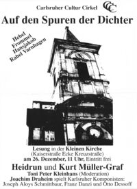 Plakat zur ersten Veranstaltung mit dem Titel "Auf den Spuren der Dichter" am 26. Dezember 1992 in der Kleinen Kirche, Stadtarchiv Karlsruhe 7/Nl Müller-Graf 53.