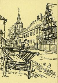 Dorfstraße mit Blick zur St. Valentinskirche, Federzeichnung von Ludwig Barth, 1956, Generallandesarchiv Karlsruhe J-B Daxlanden Nr. 1.