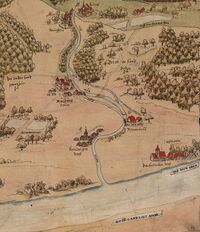 Älteste Ansicht von Daxlanden und der Appenmühle auf einer Panoramakarte des 16. Jahrhunderts (rechte Bildhälfte, Ansicht von Westen), Stadtarchiv Karlsruhe 8/PBS XVI 1.