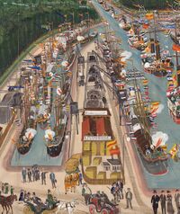Einweihung des Rheinhafens 1902, aquarellierte Zeichnung von August Eglau (Ausschnitt), in der Bildmitte vorne die Holzhandlung H. Fuchs Söhne, Stadtarchiv Karlsruhe 8/PBS XI 1400.