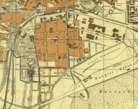 Stadtplan von 1900 mit dem Ausbau der Südstadt zwischen Stadtgarten im Westen, Altem Bahnhof im Norden und neuem Rangierbahnhof im Südosten, Stadtarchiv Karlsruhe 8/PPBS XVI 851 (Ausschnitt).