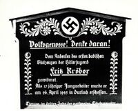 Propagandatafel in Tiengen zum Andenken an Fritz Kröber, Hauptstaatsarchiv Stuttgart EA 99/001 Bü 305 Nr. 1773.