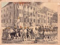 Löscheinsatz an einem brennenden Haus, teilkolorierte Lithographie um 1850, Stadtarchiv Karlsruhe 8/PBS VIIc 67.