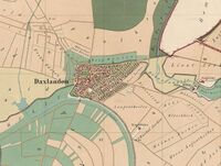 Ortsbebauung von Daxlanden zwischen dem Federbach im Westen und der Appenmühle im Osten, Ausschnitt aus einem Gemarkungsplan von 1864, Generallandesarchiv Karlsruhe H-1 Nr. 312.