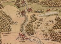 Bulach und Beiertheim an der Alb auf einer Panoramakarte des 16. Jahrhunderts mit Blick von Westen (Ausschnitt), Stadtarchiv Karlsruhe 8/PBS XVI 1.